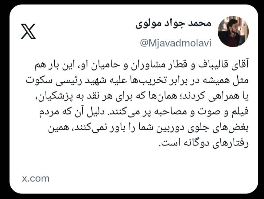 آقای قالیباف و قطار مشاوران و حامیان او، این بار هم مثل همیشه در برابر تخریب‌ها علیه شهید رئیسی سکوت یا همراهی کردند