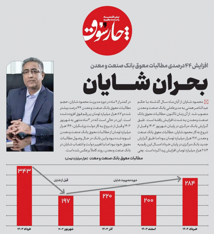 طبق گزارش بانک مرکزی قبل از شروع به کار محمود شایان، مطالبات معوق بانک صنعت و معدن ۱۹۷ هزار میلیارد تومان بود اما طبق گزارش جدید بانک مرکزی در پایان خرداد امسال این رقم به ۲۸۴ هزار میلیارد تومان افزایش پیدا کرده است.