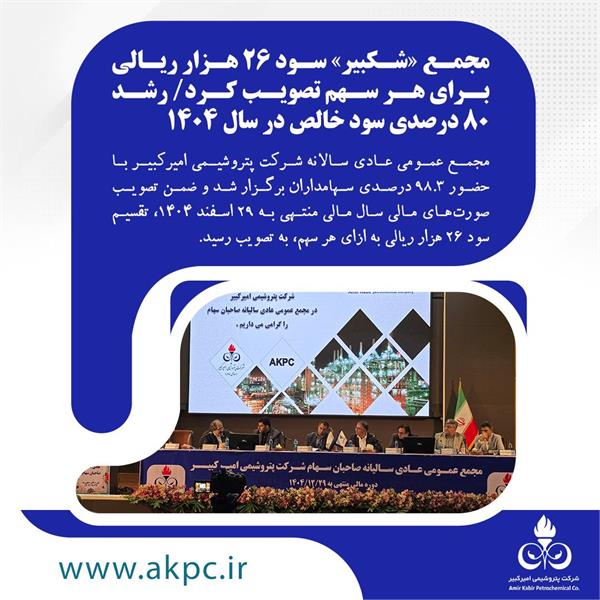 مجمع عمومی عادی سالانه شرکت پتروشیمی امیرکبیر با حضور ۹۸.۳ درصدی سهامداران برگزار شد و ضمن تصویب صورت‌های مالی سال مالی منتهی به ۲۹ اسفند ۱۴۰۴، تقسیم سود ۲۶ هزار ریالی به ازای هر سهم، به تصویب رسید.