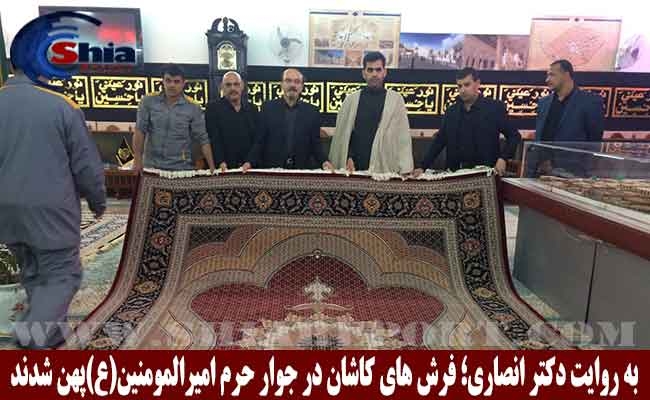 هفته گذشته ٩٠٠فرش بافته شده در کاشان راهی نجف اشرف شد تا در جوار حرم امیر مومنان,حضرت علی علیه السلام پهن شود. مسئولیت اینکار بر عهده دکتر هادی انصاری, از خادمان سرشناس اهل بیت عصمت و طهارت علیهم السلام برعهده داشت.